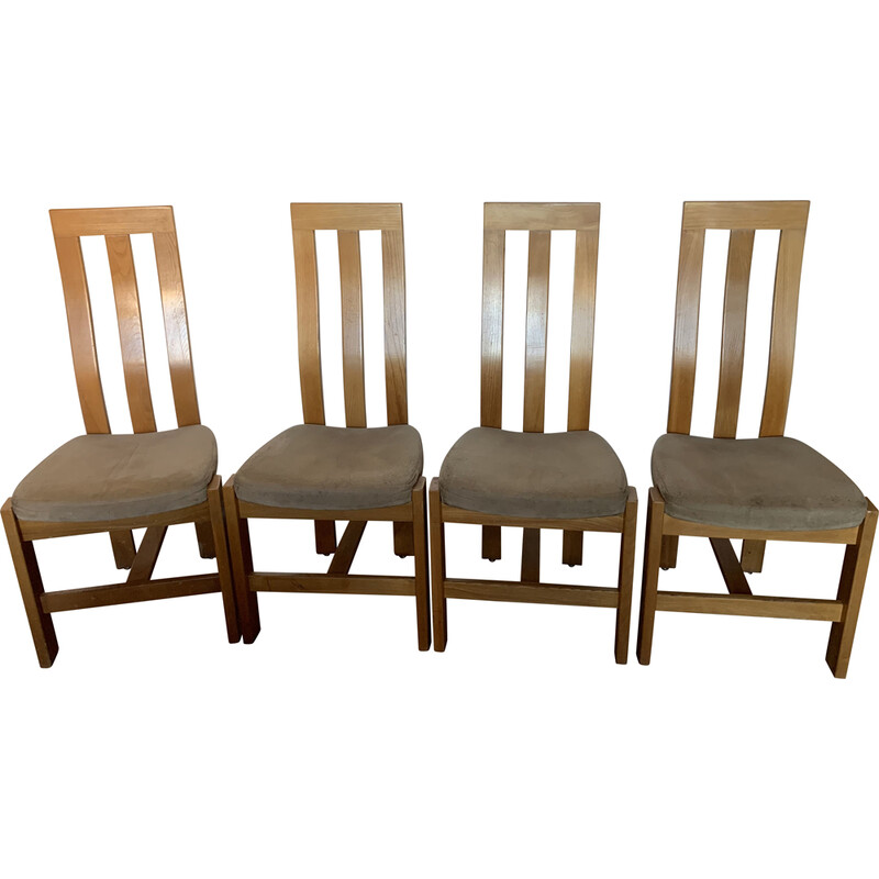 Conjunto de 4 cadeiras vintage em olmo maciço e alcântara para a Regain, 1980