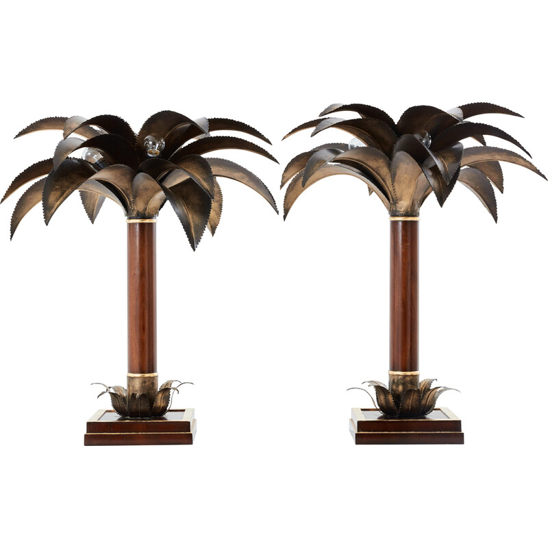 Par de candeeiros de palmeira vintage em mogno e bronze para Maison Jansen, 1960