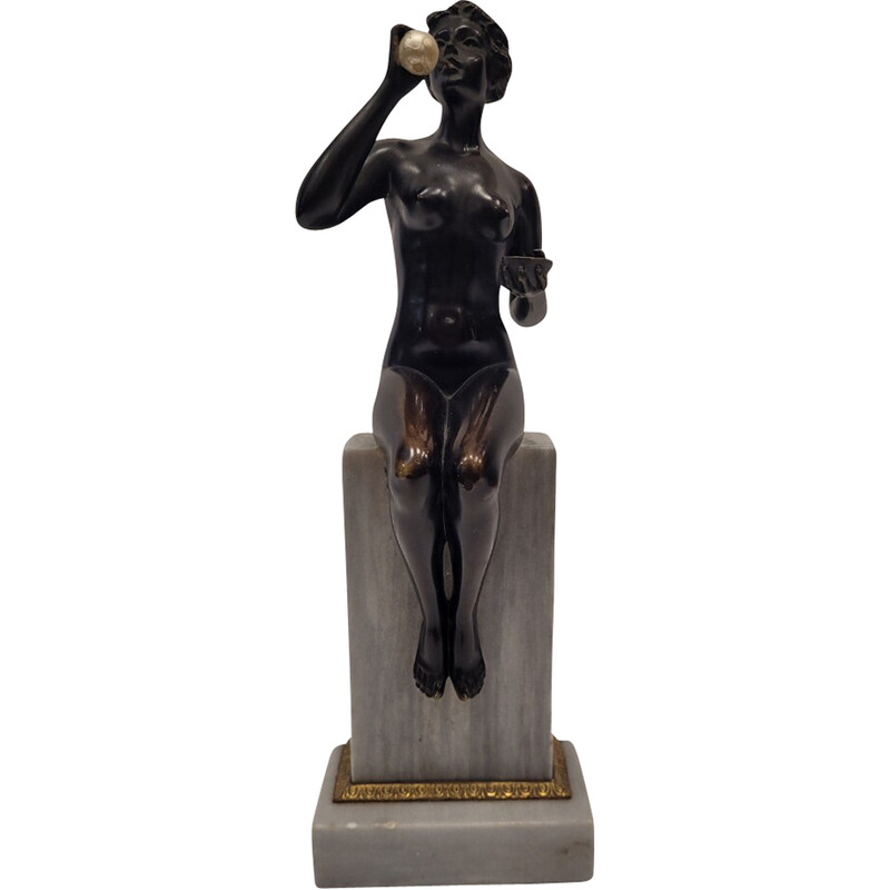 Vintage Art Nouveau sculpture "Woman blowing bubbles" in bronze and marble, 1920