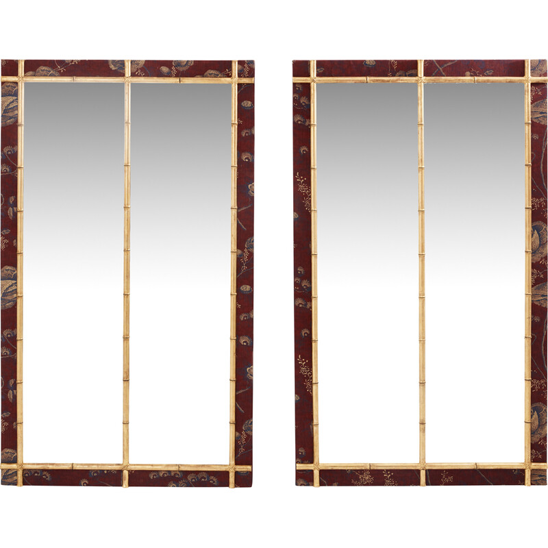 Pair of vintage gilded wood mirrors in bamboo and silk style, 1870