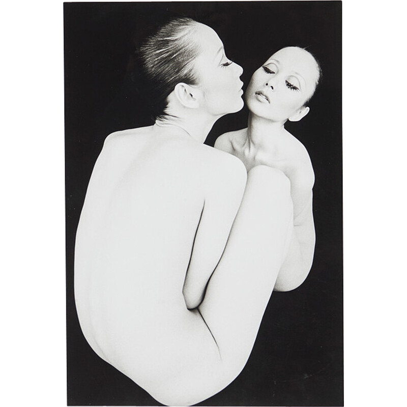 Vintage black and white photograph of two women seated facing each other by Kishin Shinoyama, 1969