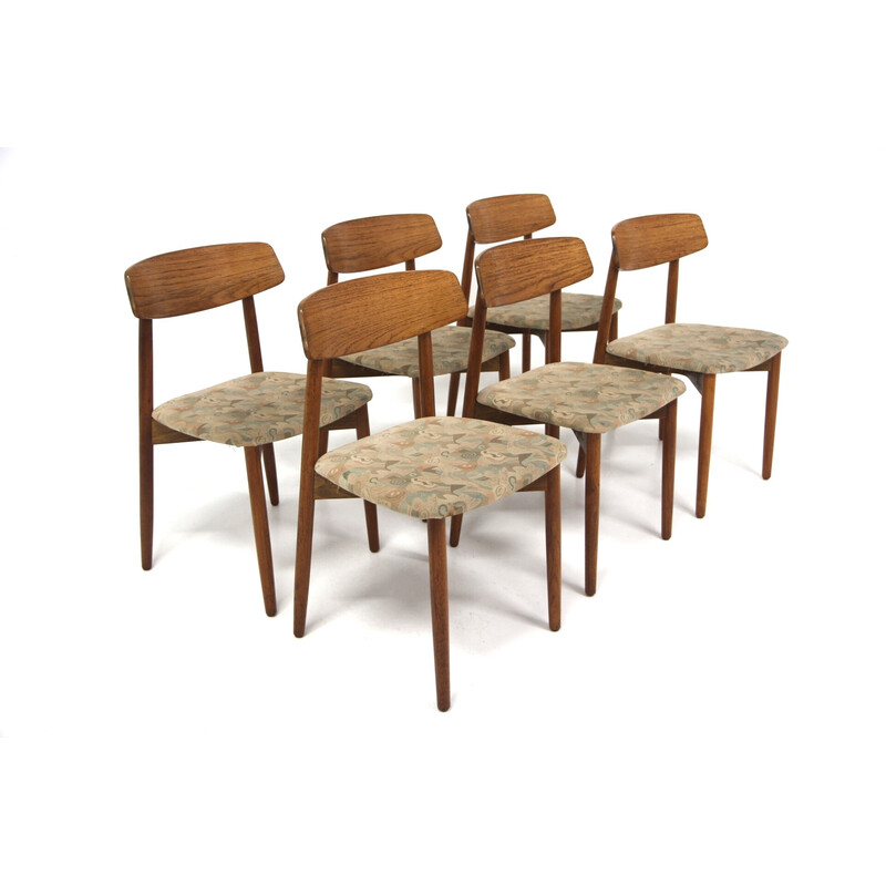 Ensemble de 6 chaises vintage en teck et tissu par Harry Østergaard pour Randers Møbelfabrik, Danemark 1960