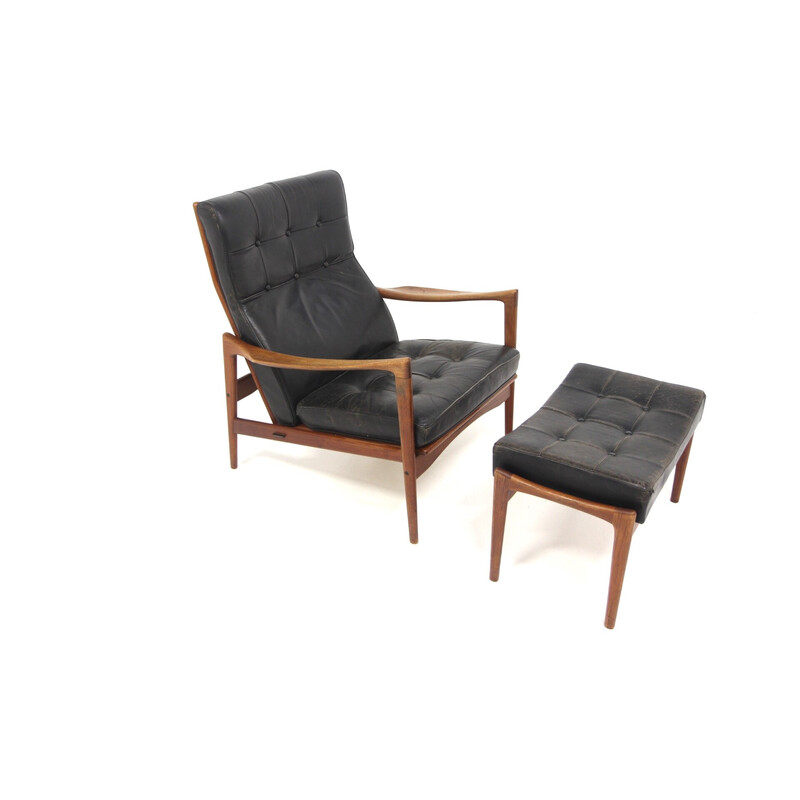 Vintage "örenäs" armchair in solid teak and leather by Ib Kofod Larsen for olof perssons fåtöljindustri, Sweden 1960