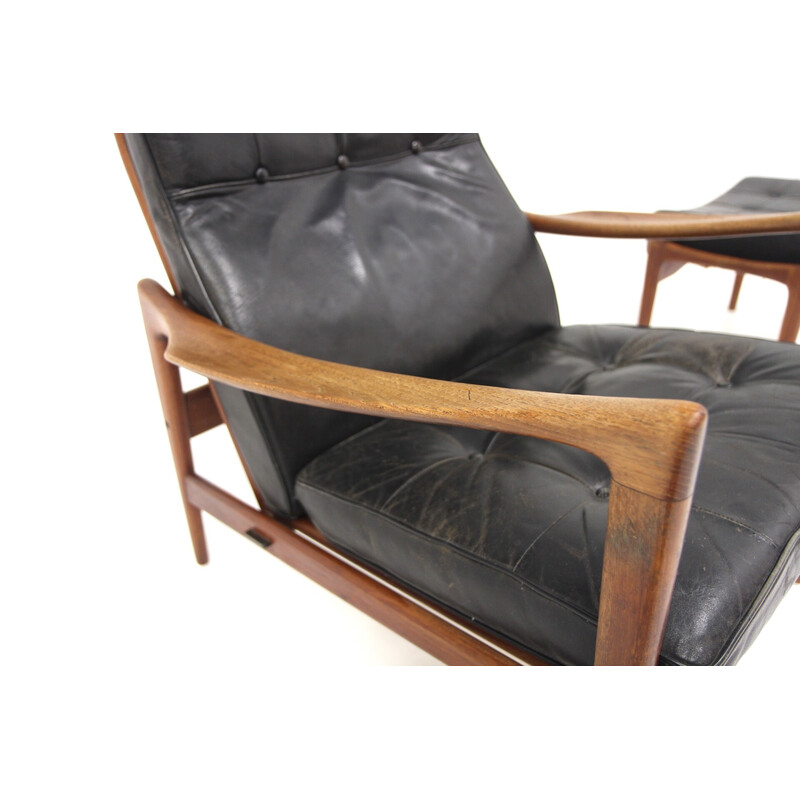 Vintage "örenäs" fauteuil in massief teakhout en leer van Ib Kofod Larsen voor olof perssons fåtöljindustri, Zweden 1960