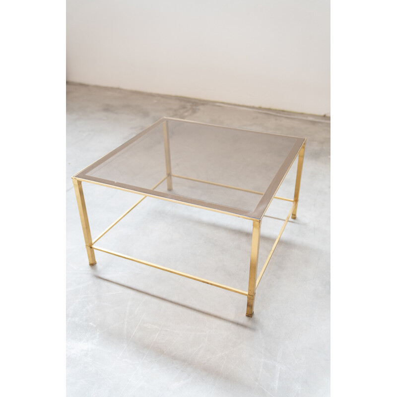 Vintage living room coffee table in brass and smoked glass by Guy Lefevre, France 1970