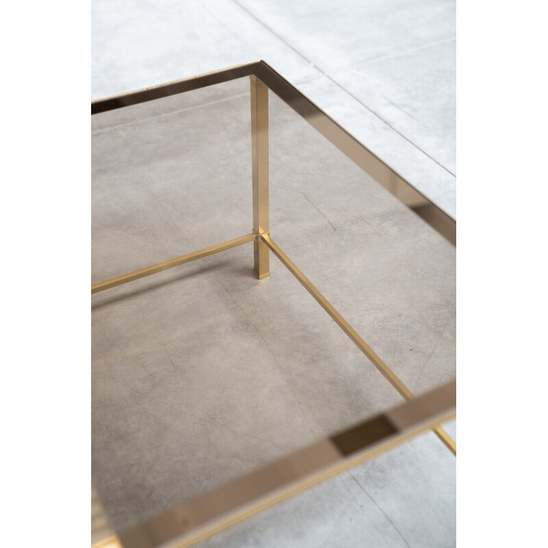 Vintage living room coffee table in brass and smoked glass by Guy Lefevre, France 1970
