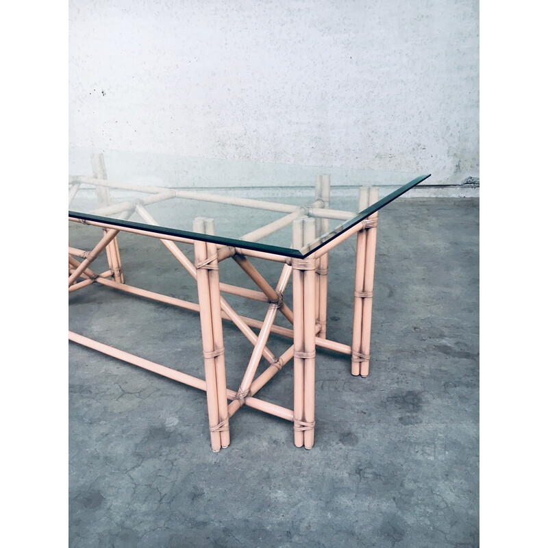 Vintage beech wood and glass dining table, 1980