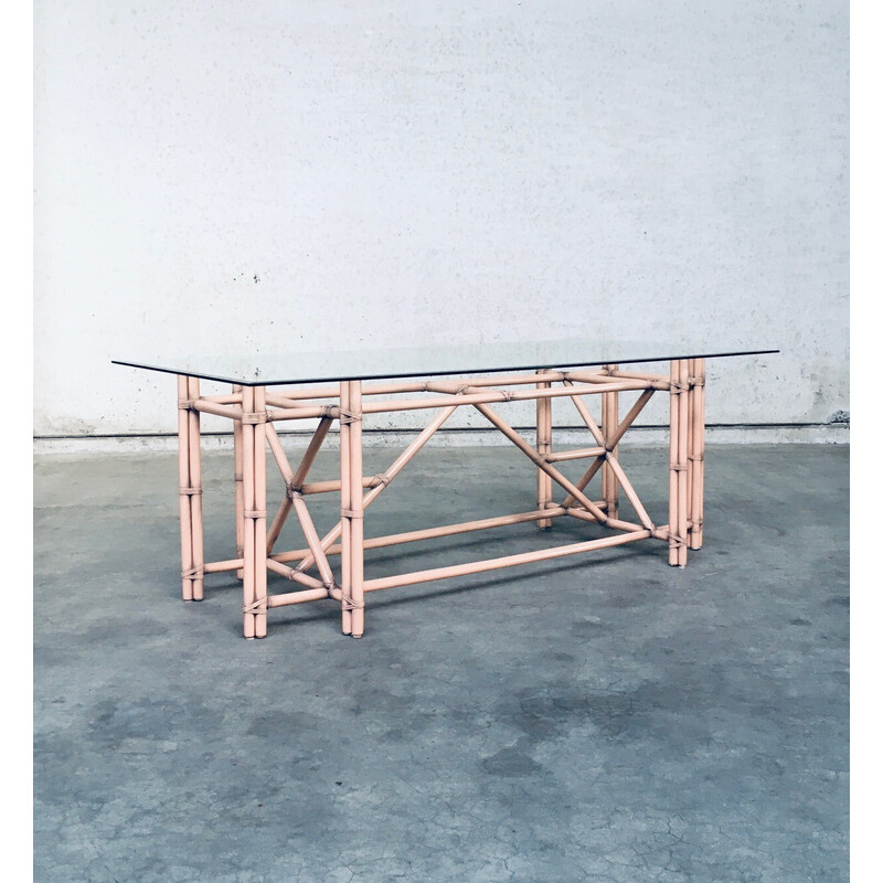 Mesa de comedor vintage de madera de haya y cristal, 1980