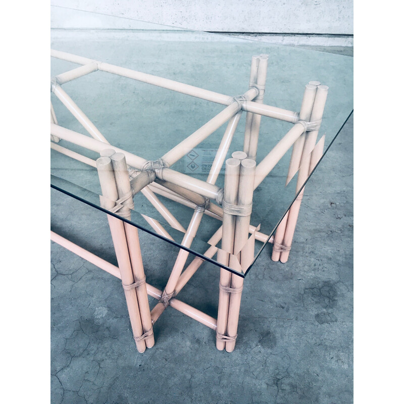 Vintage beech wood and glass dining table, 1980