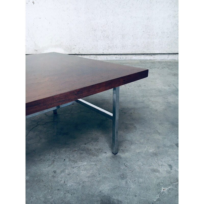 Vintage square coffee table in teak veneer and steel, Netherlands 1960