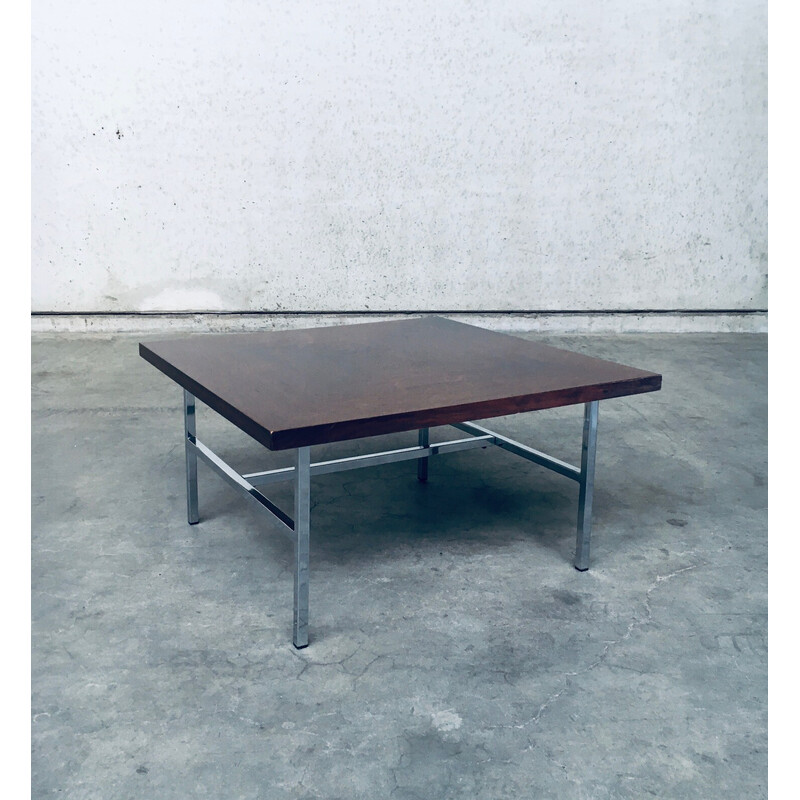 Table basse vintage carrée en placage de teck et acier, Pays-Bas 1960