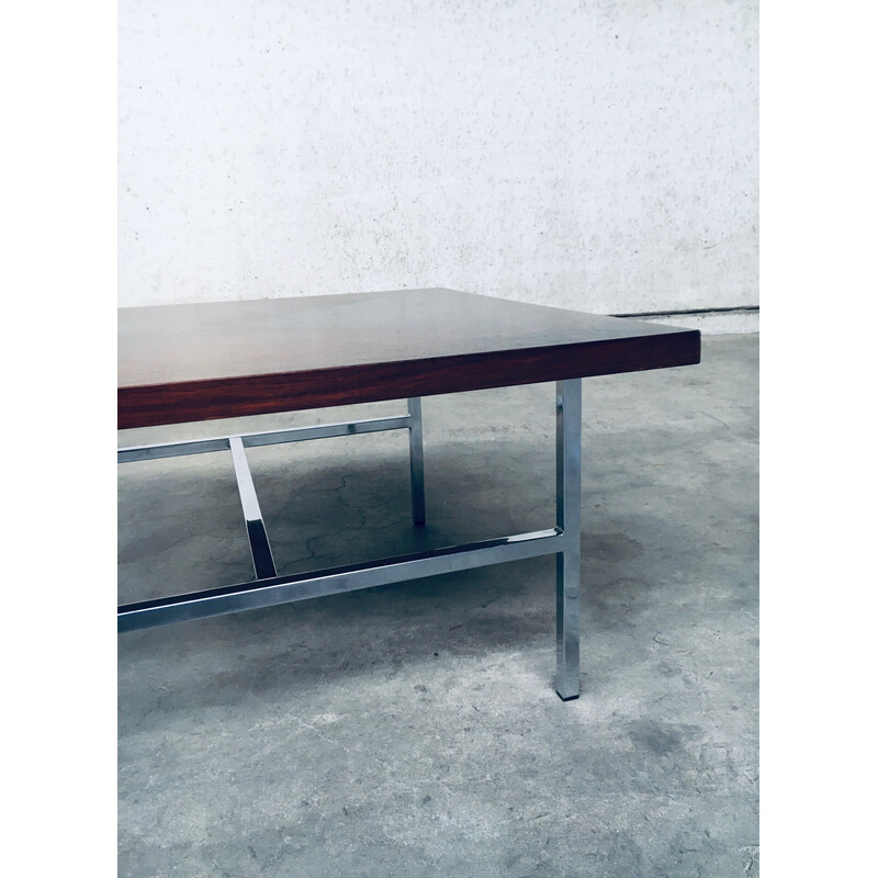 Vintage square coffee table in teak veneer and steel, Netherlands 1960