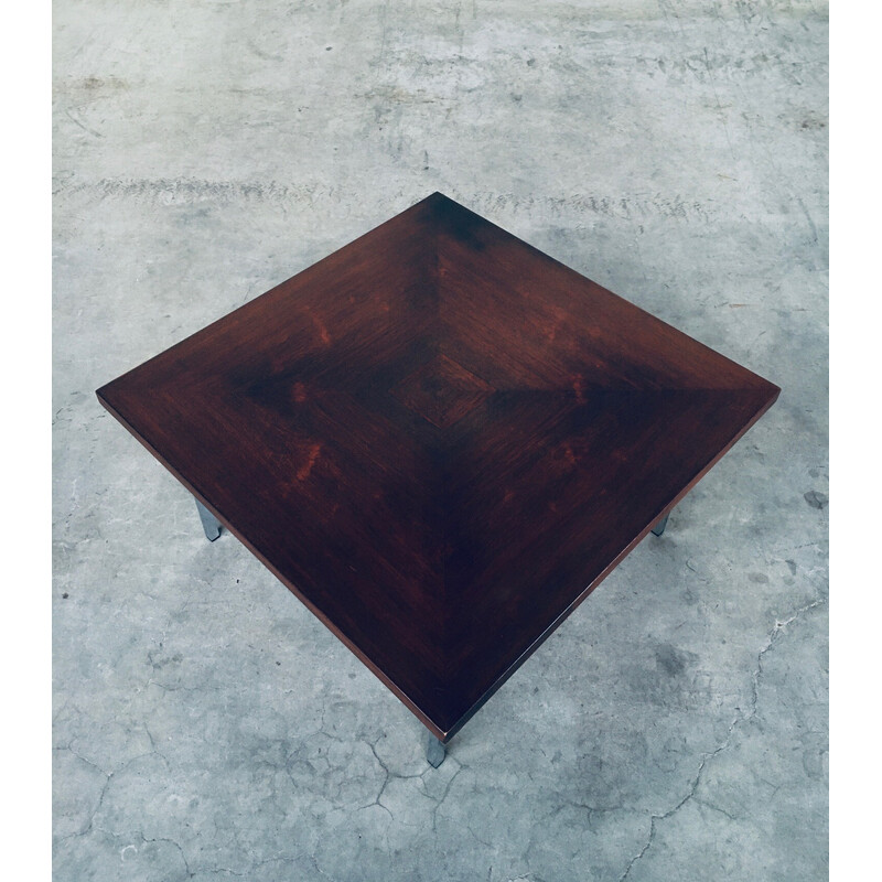 Vintage square coffee table in teak veneer and steel, Netherlands 1960