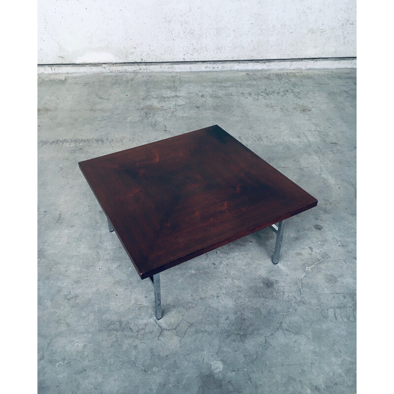 Vintage square coffee table in teak veneer and steel, Netherlands 1960