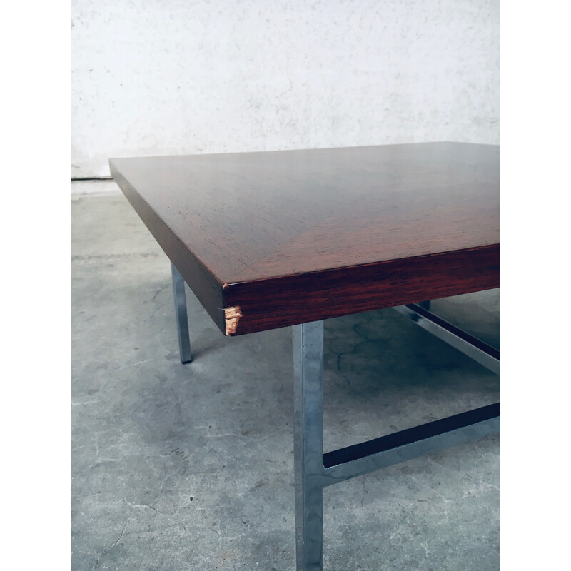 Vintage square coffee table in teak veneer and steel, Netherlands 1960