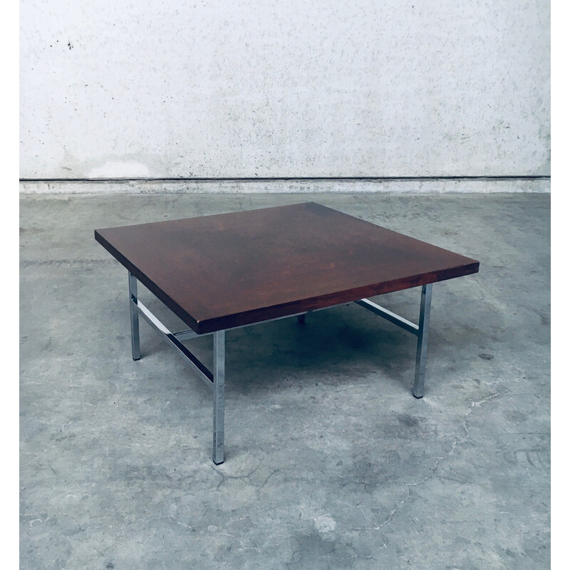 Vintage square coffee table in teak veneer and steel, Netherlands 1960