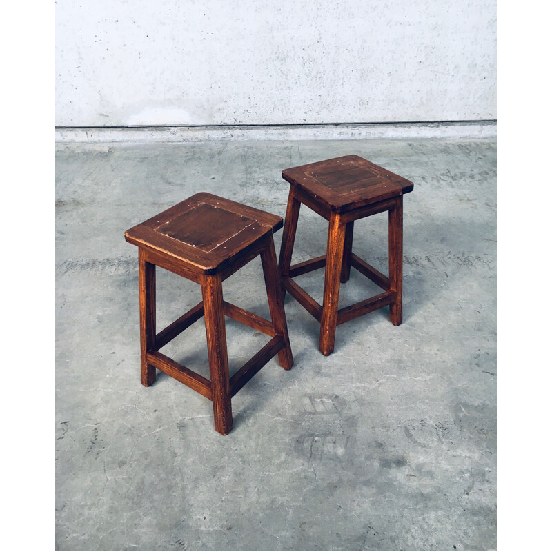 Pair of vintage square potters stools in solid beech wood, Belgium 1950