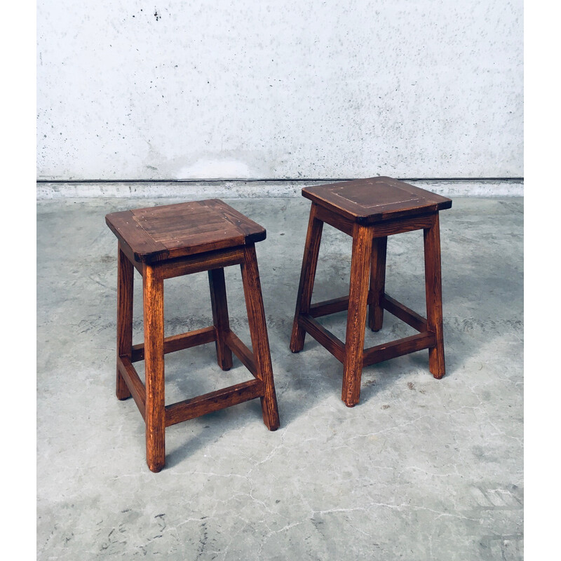 Pair of vintage square potters stools in solid beech wood, Belgium 1950