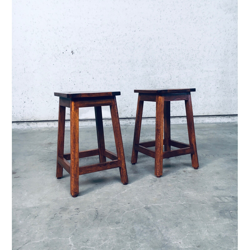 Pair of vintage square potters stools in solid beech wood, Belgium 1950