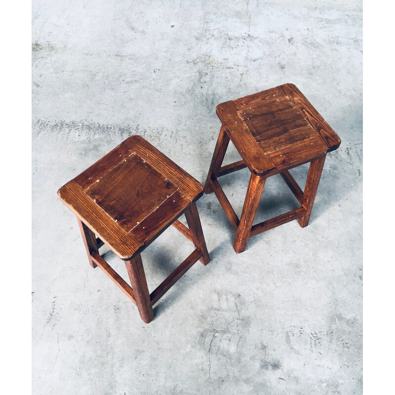 Pair of vintage square potters stools in solid beech wood, Belgium 1950