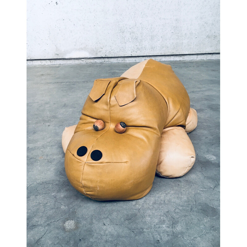 Vintage leather hippopotamus pouf, 1970