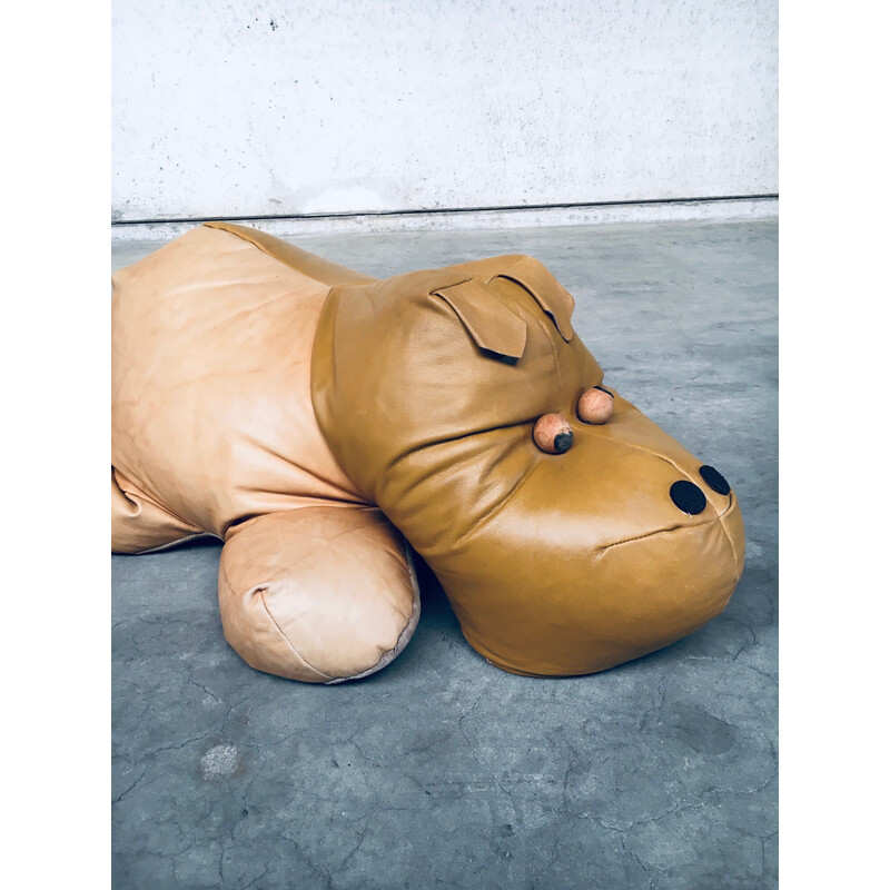 Vintage leather hippopotamus pouf, 1970