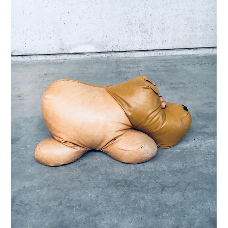 Vintage leather hippopotamus pouf, 1970