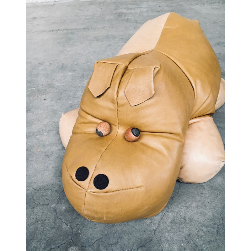 Pouf vintage hippopotame en cuir, 1970