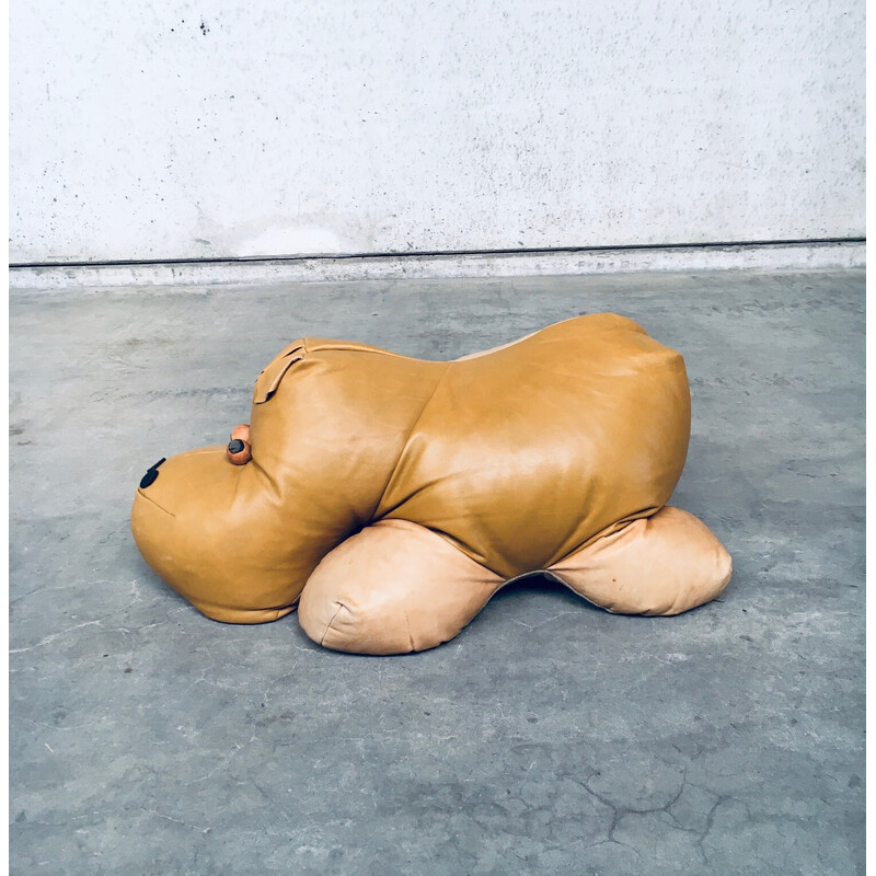 Vintage leather hippopotamus pouf, 1970