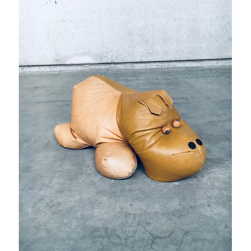 Pouf vintage hippopotame en cuir, 1970