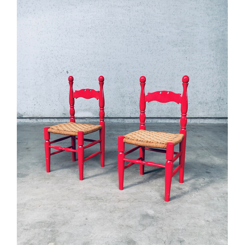 Pair of vintage side chairs in red lacquer and rope, Sweden 1960