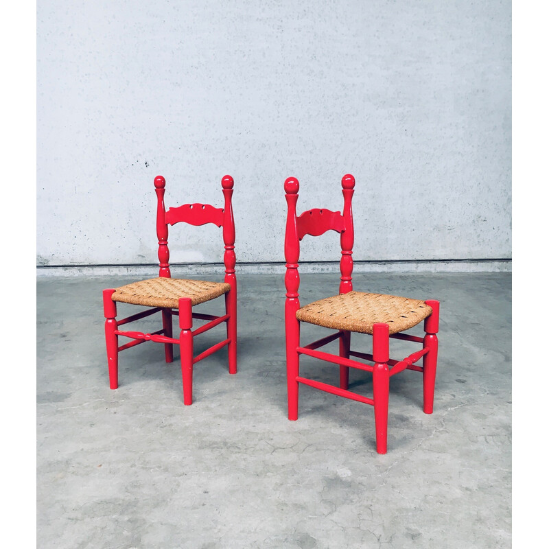 Pair of vintage side chairs in red lacquer and rope, Sweden 1960