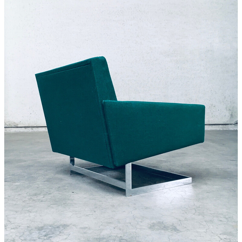 Vintage square floating armchair in green fabric and chrome steel, Belgium 1960