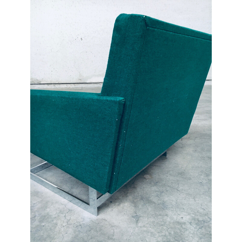 Vintage square floating armchair in green fabric and chrome steel, Belgium 1960
