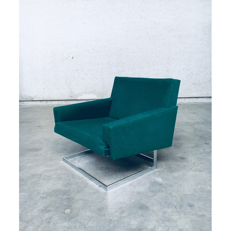 Vintage square floating armchair in green fabric and chrome steel, Belgium 1960