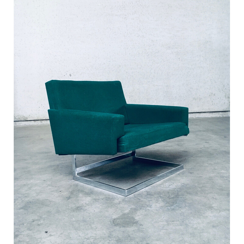 Vintage square floating armchair in green fabric and chrome steel, Belgium 1960