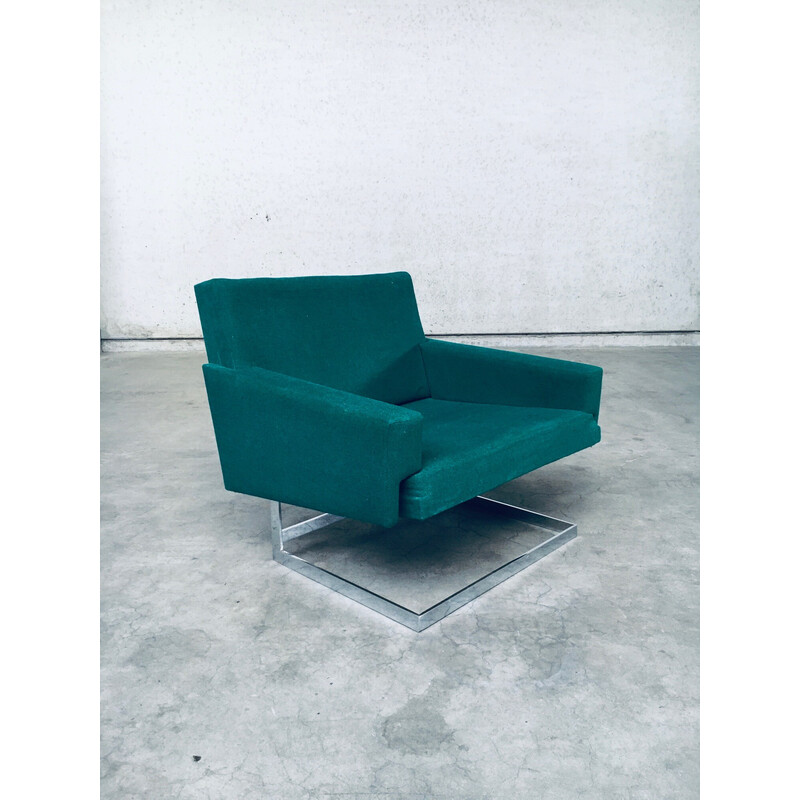 Vintage square floating armchair in green fabric and chrome steel, Belgium 1960