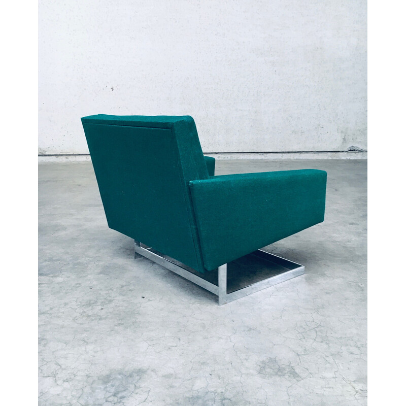 Vintage square floating armchair in green fabric and chrome steel, Belgium 1960