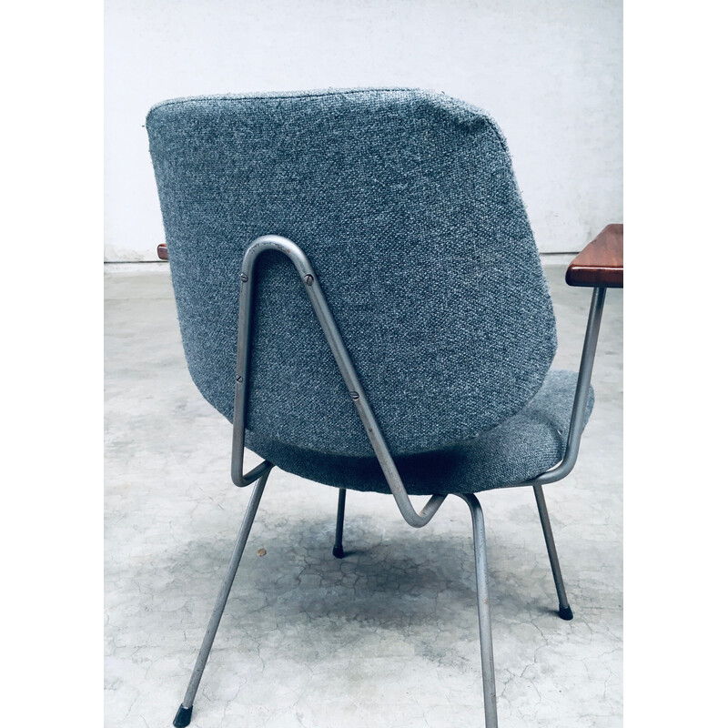 Set of 6 vintage office armchairs in tubular steel and gray fabric by Wim Rietveld for Kembo, Netherlands 1950