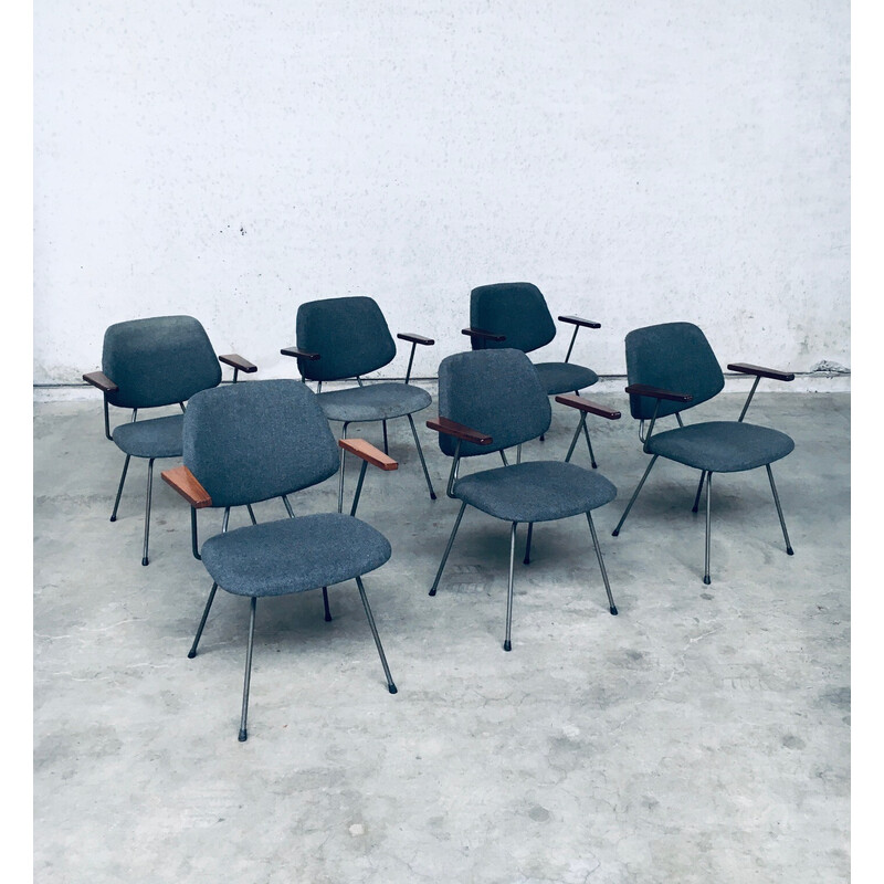 Lot de 6 fauteuils de bureau vintage en acier tubulaire et tissu gris par Wim Rietveld pour Kembo, Pays-Bas 1950