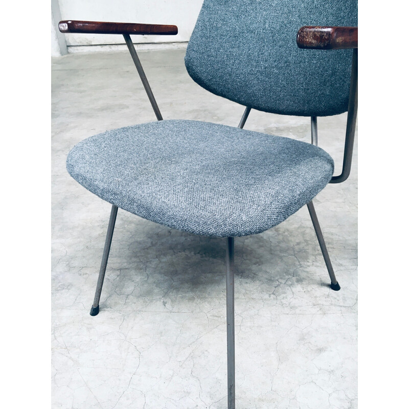Set van 6 vintage bureaustoelen in stalen buizen en grijze stof van Wim Rietveld voor Kembo, Nederland 1950