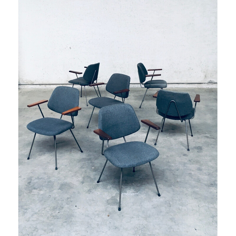 Set of 6 vintage office armchairs in tubular steel and gray fabric by Wim Rietveld for Kembo, Netherlands 1950