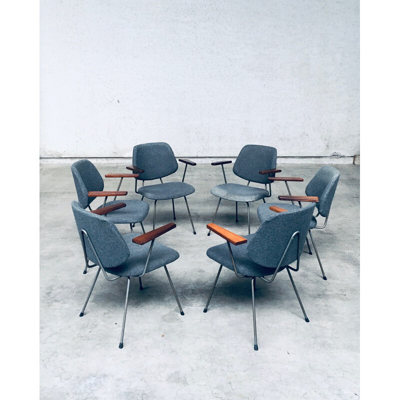 Set of 6 vintage office armchairs in tubular steel and gray fabric by Wim Rietveld for Kembo, Netherlands 1950