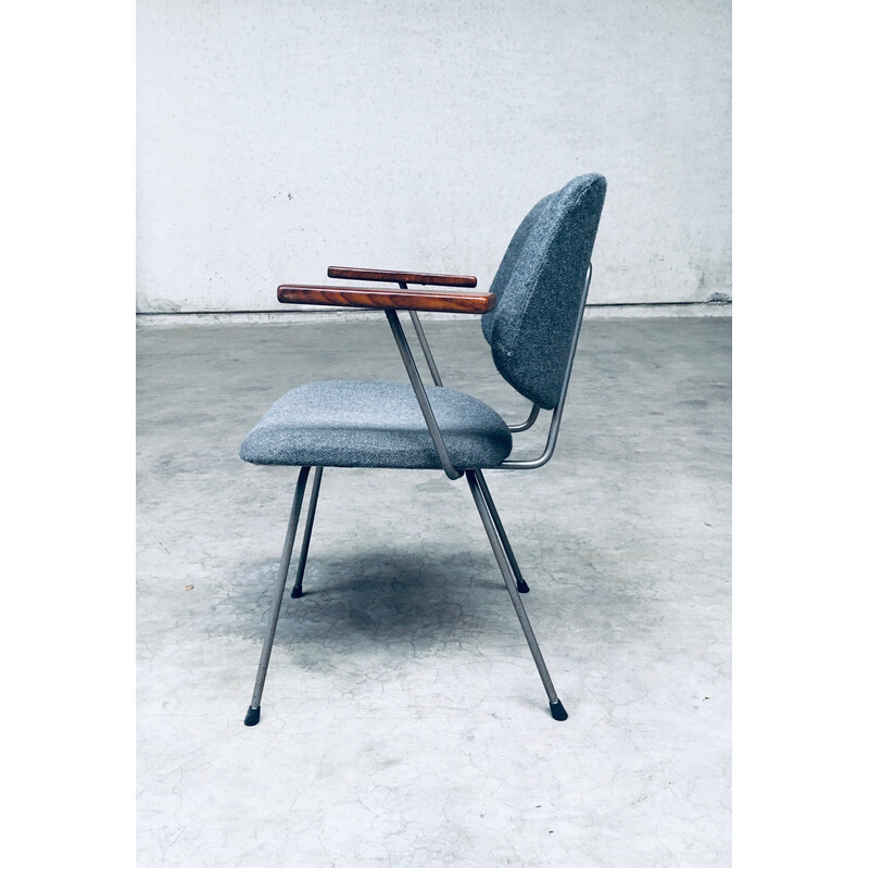 Set van 6 vintage bureaustoelen in stalen buizen en grijze stof van Wim Rietveld voor Kembo, Nederland 1950