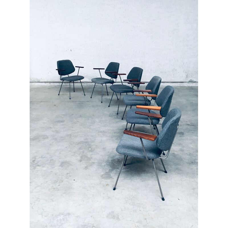 Set of 6 vintage office armchairs in tubular steel and gray fabric by Wim Rietveld for Kembo, Netherlands 1950