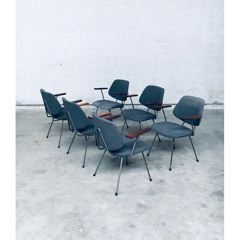 Lot de 6 fauteuils de bureau vintage en acier tubulaire et tissu gris par Wim Rietveld pour Kembo, Pays-Bas 1950