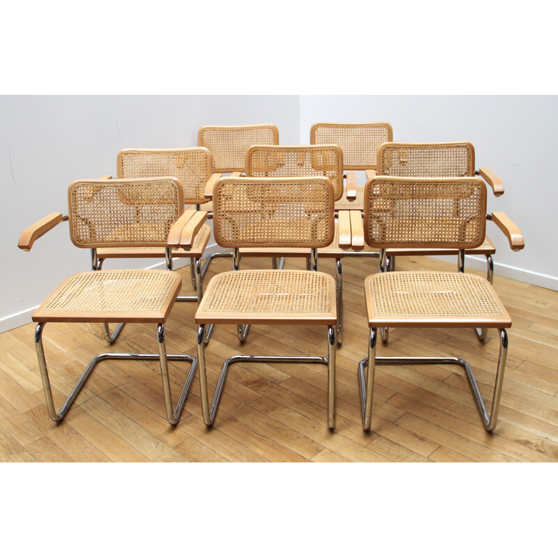 Set of 8 vintage Cesca B64 chairs in chrome metal and wood by Marcel Breuer for Knoll