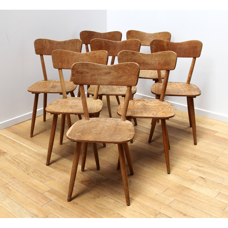 Set of 8 vintage Baumann chairs in light wood
