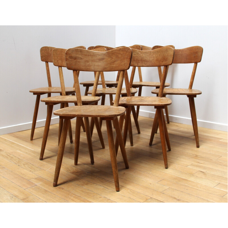 Set of 8 vintage Baumann chairs in light wood