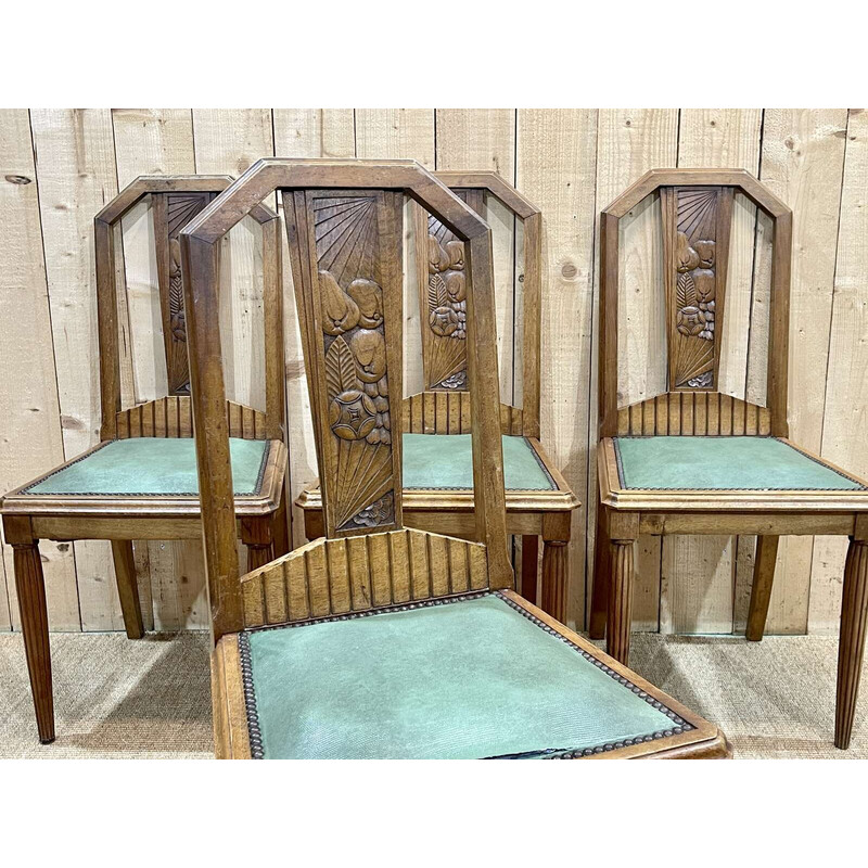 Set van 4 vintage Art Deco walnoot en skai stoelen, 1930